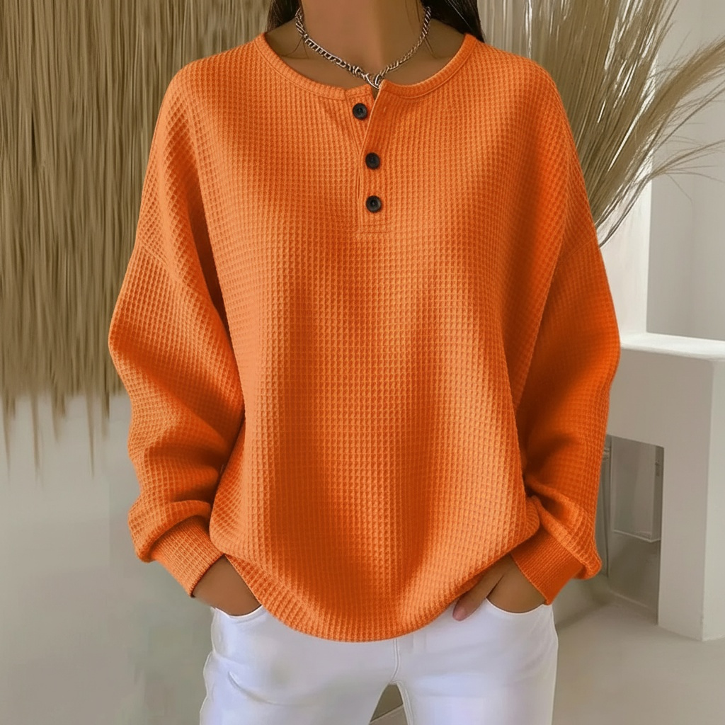 Adelheid | Women's Orange Long Sleeve Waffle Sweater - Image 1
