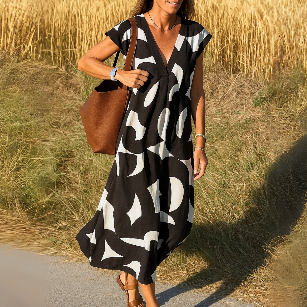 Adelheid | Women's V Neck Geometric Print Midi Dress - Image 2