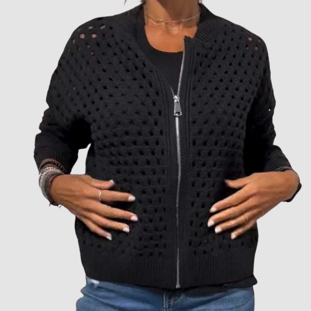 Aldara | Women's Open Knit Zip-Up Cardigan - Beige - Image 2