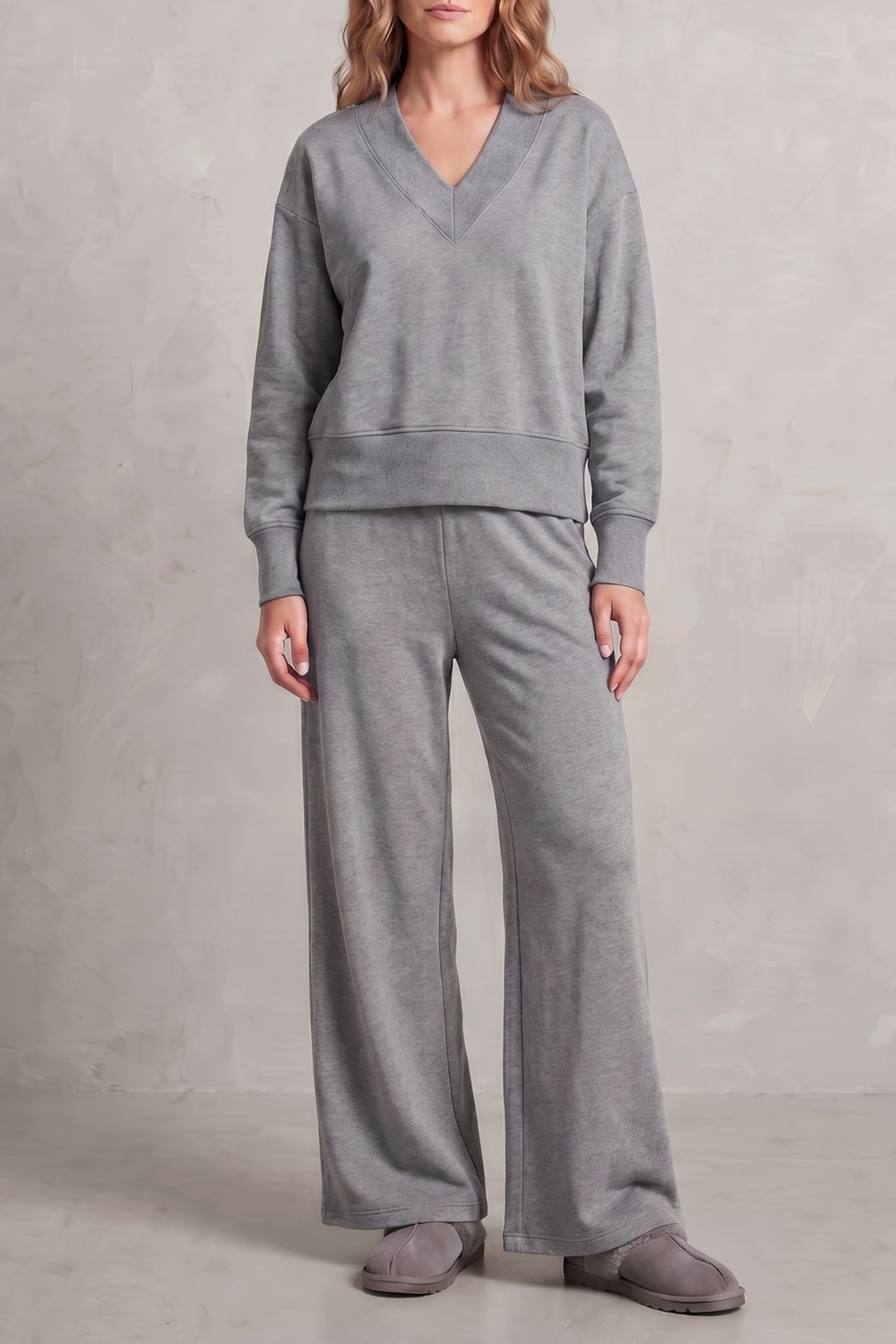 Aldene | Women's Knit Lounge Set Wide-Leg Co-ord - Grey - Image 1
