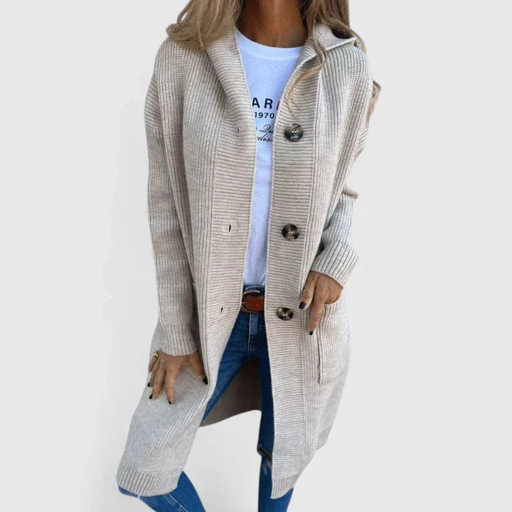 Aldene | Women's Long Hooded Cardigan - Beige - Image 1