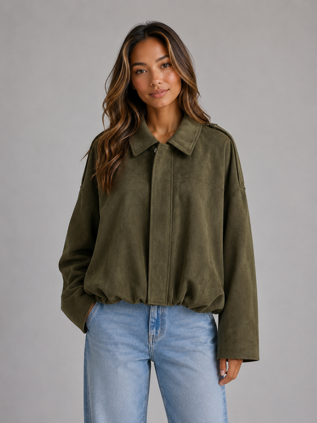 Aldenvra | Women's Oversized Suede Bomber Jacket - Olive Green - Image 1
