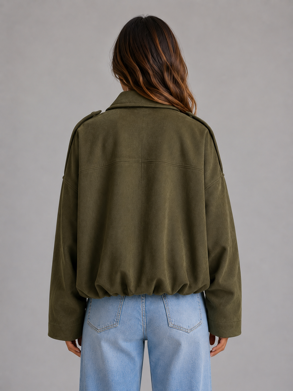 Aldenvra | Women's Oversized Suede Bomber Jacket - Olive Green - Image 2