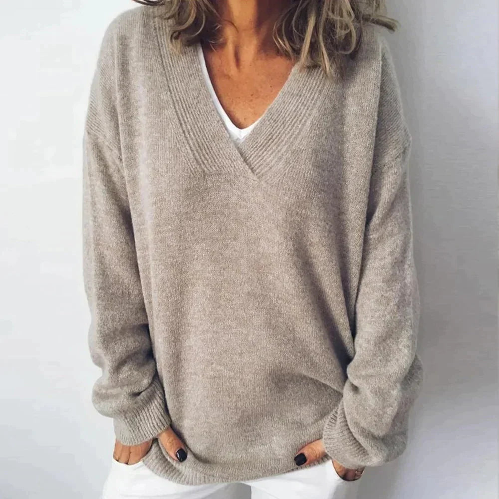 Aldova | Women's V-Neck Knit Jumper Relaxed Fit - Taupe - Image 1