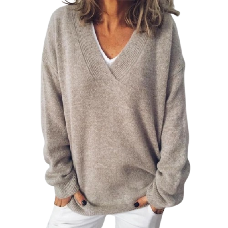Aldova | Women's V-Neck Knit Jumper Relaxed Fit - Taupe - Image 2
