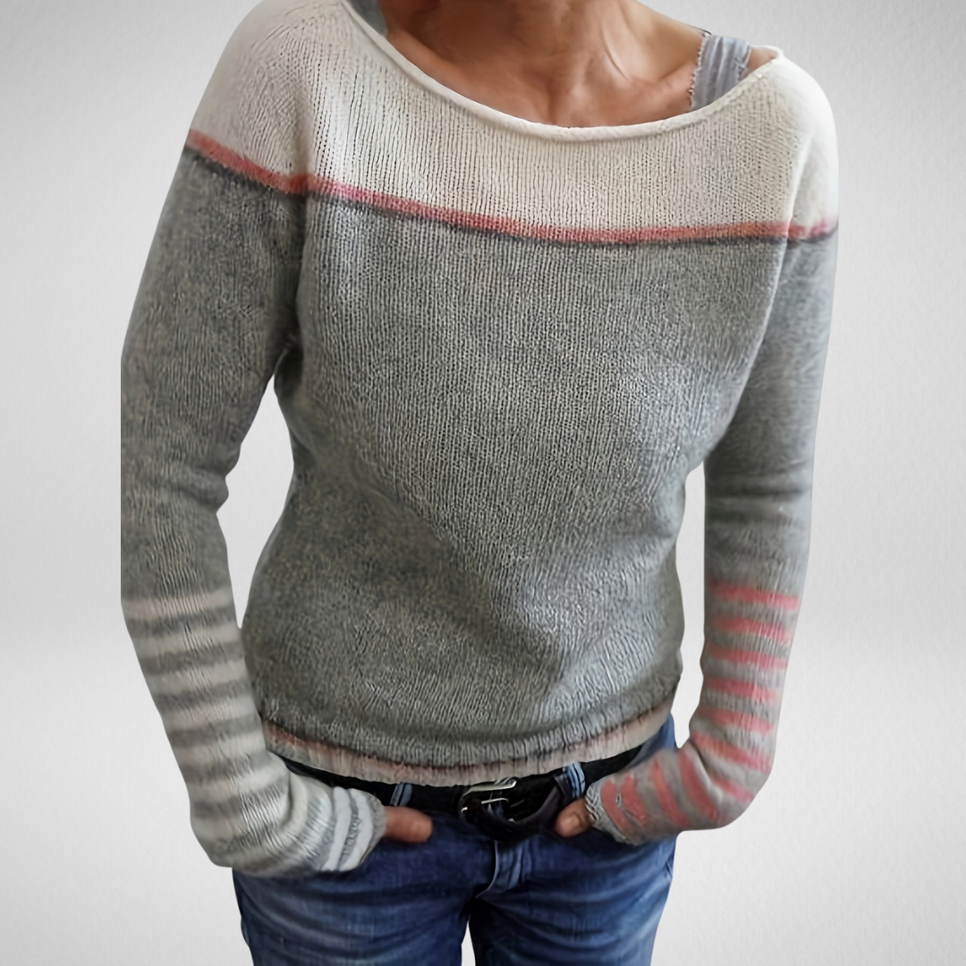 Aldovra | Women's Striped Knit Jumper Boat Neck - Grey - Image 1