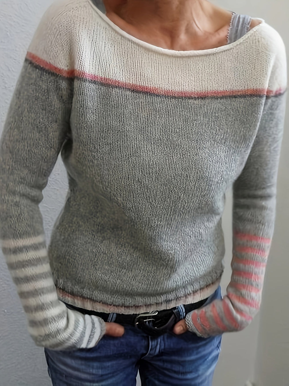 Aldovra | Women's Striped Knit Jumper Boat Neck - Grey - Image 2