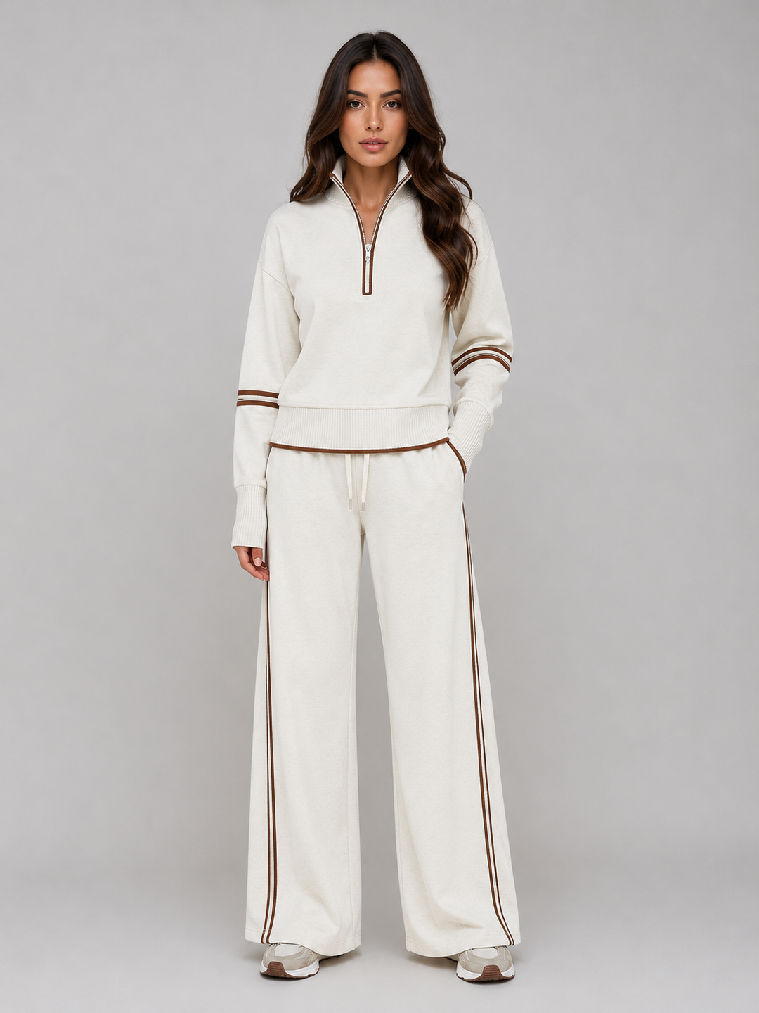 Aldvara | Women's Knit Lounge Set Wide Leg Tracksuit - Cream - Image 1