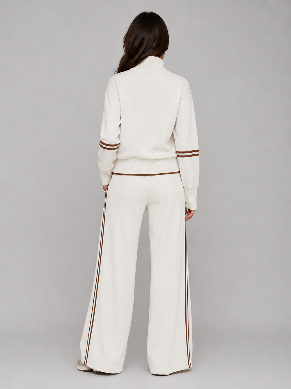 Aldvara | Women's Knit Lounge Set Wide Leg Tracksuit - Cream - Image 2