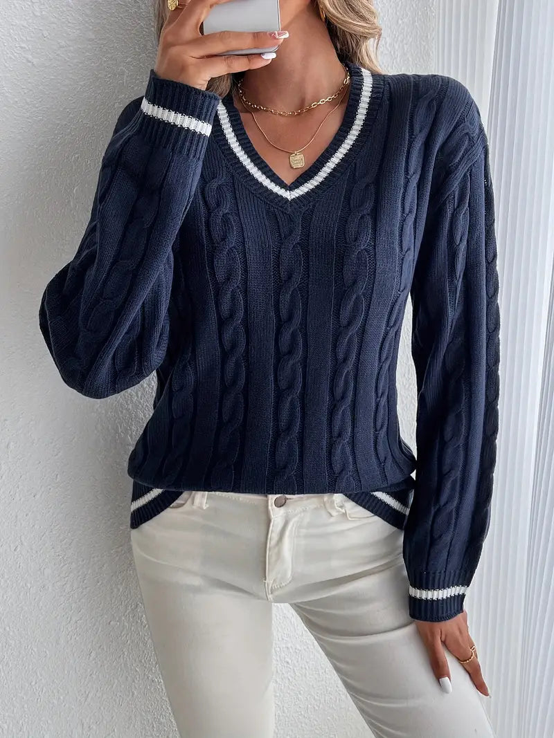Aldveth | Women's Chunky Cable Knit V-Neck Jumper - Navy - Image 1