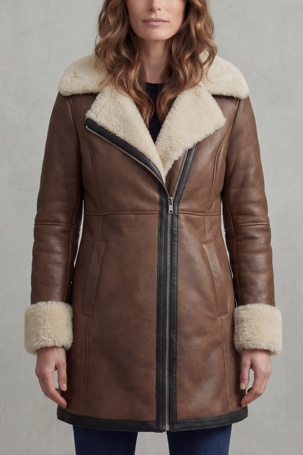 Aldvine | Women's Shearling Collar Winter Coat - Brown - Image 1