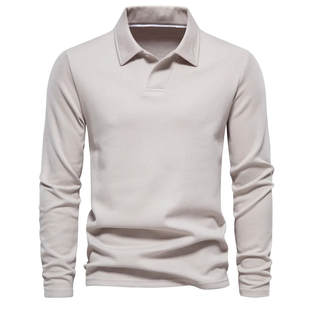 Aldwin | Men's Long Sleeve Collared Polo Shirt - Beige - Image 1