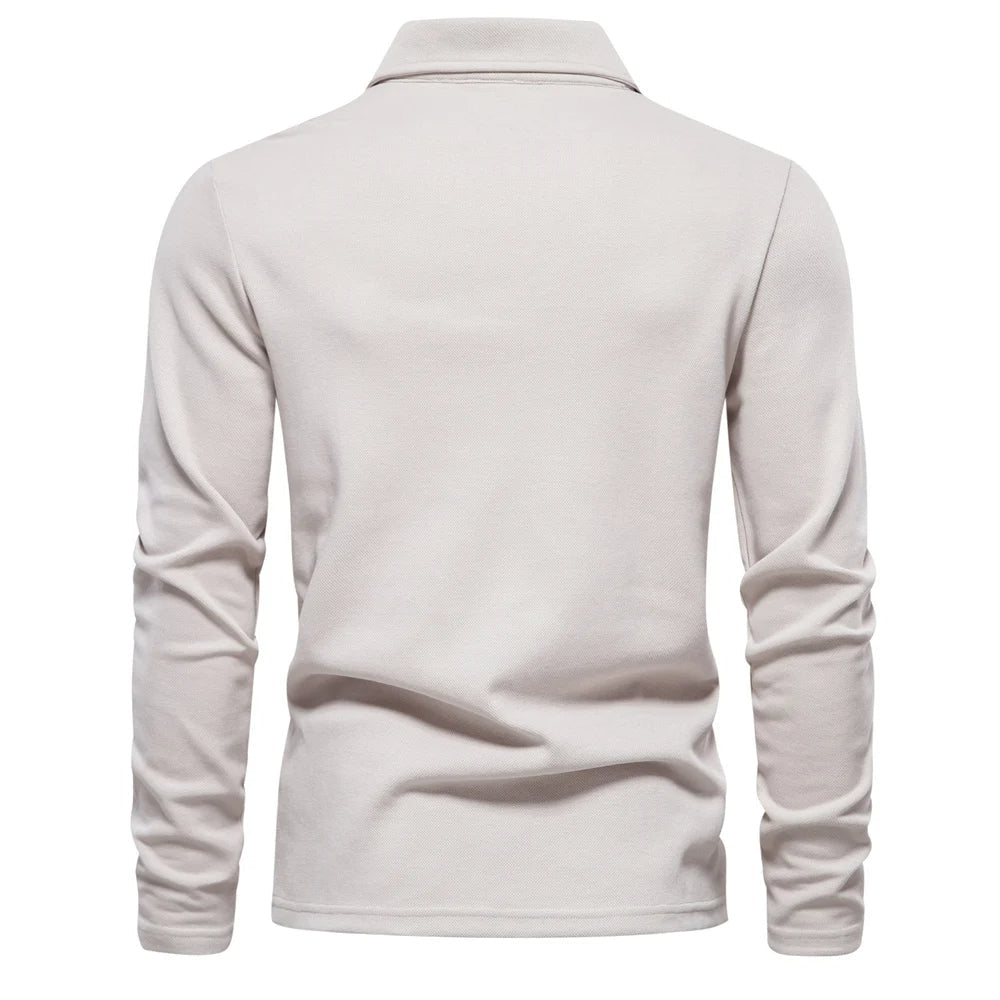 Aldwin | Men's Long Sleeve Collared Polo Shirt - Beige - Image 2