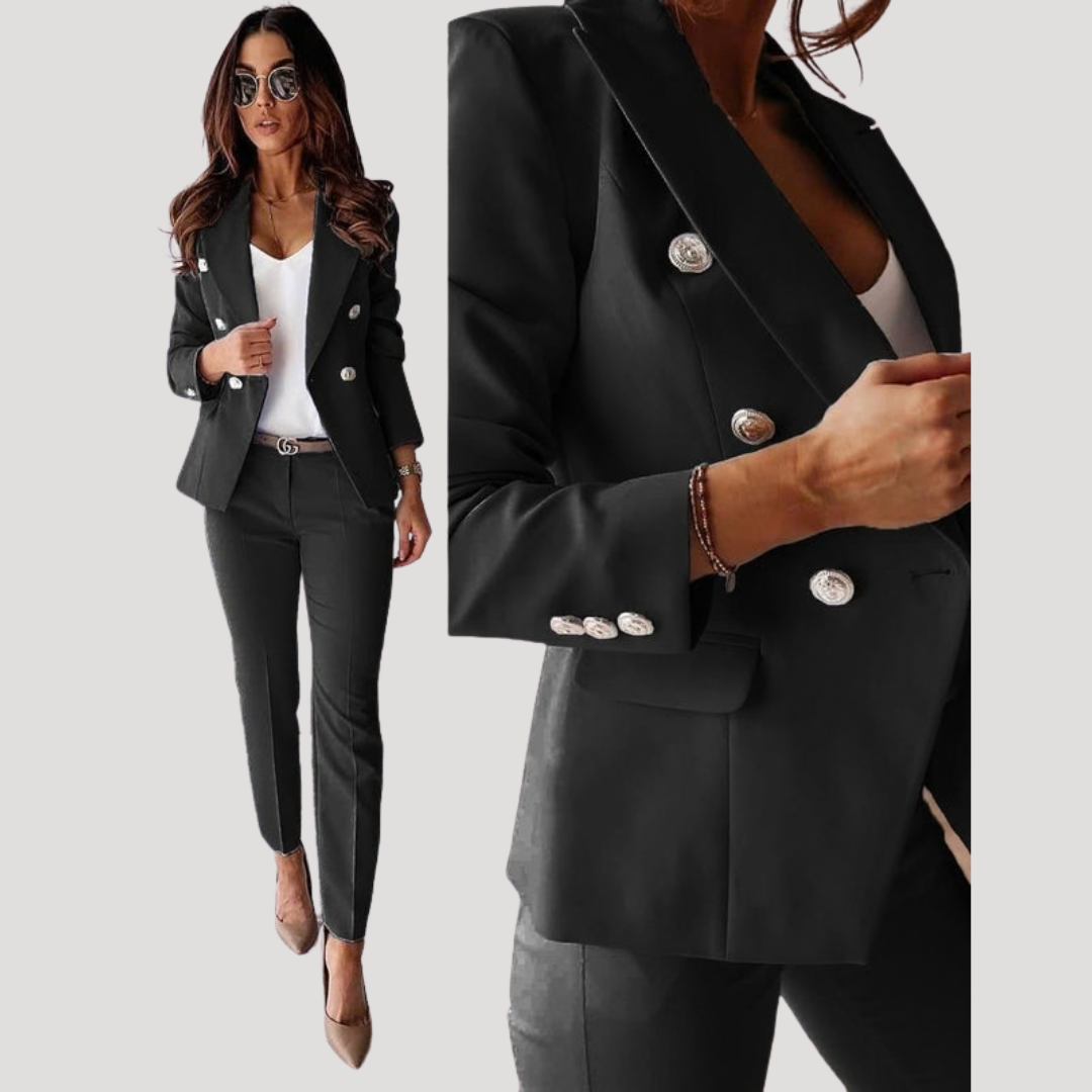 Alessia | Women's Double Breasted Tailored Blazer Suit Set - Black - Image 1