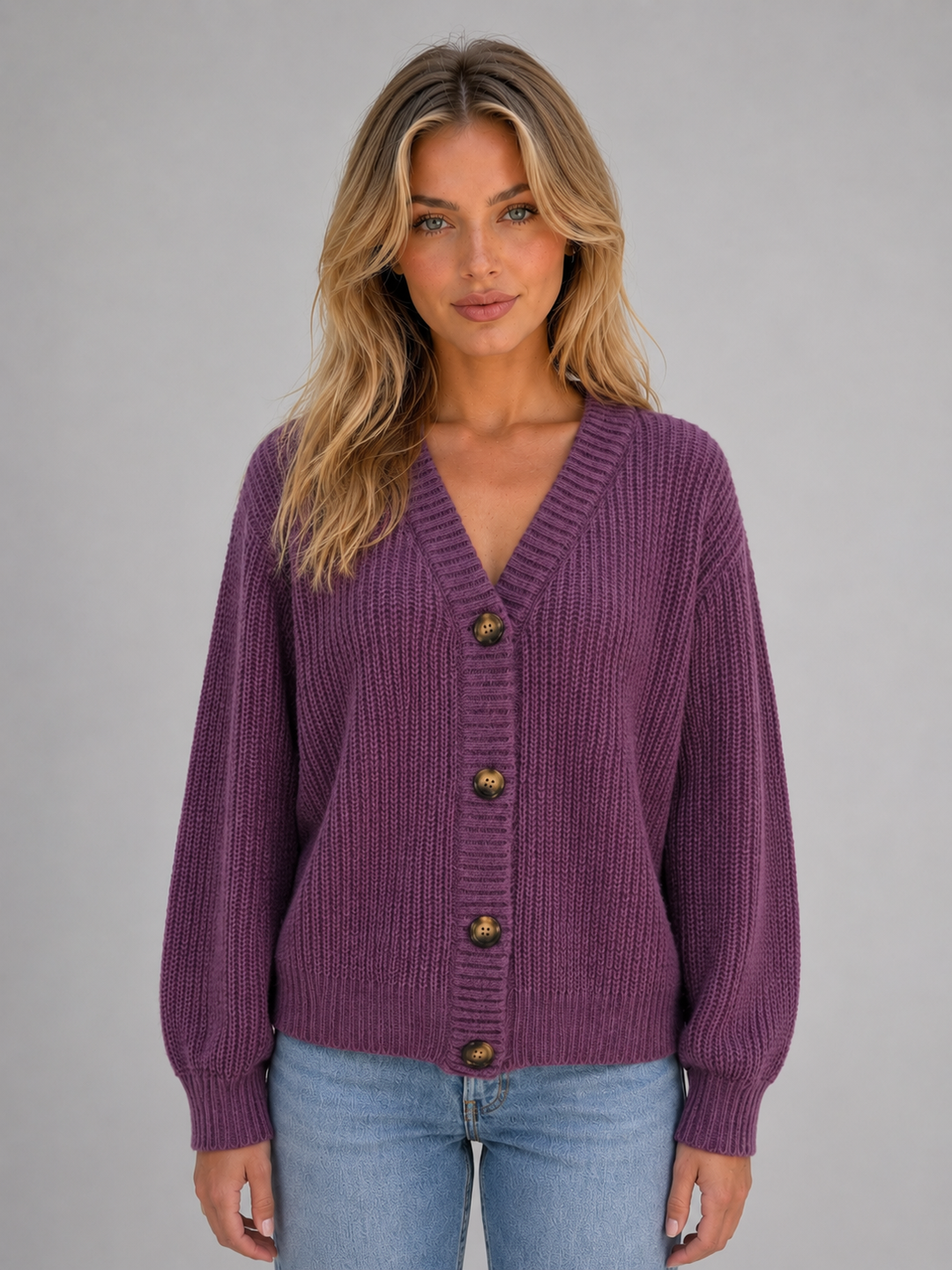 Alvara | Women's Chunky Knit Button Cardigan - Purple - Image 1