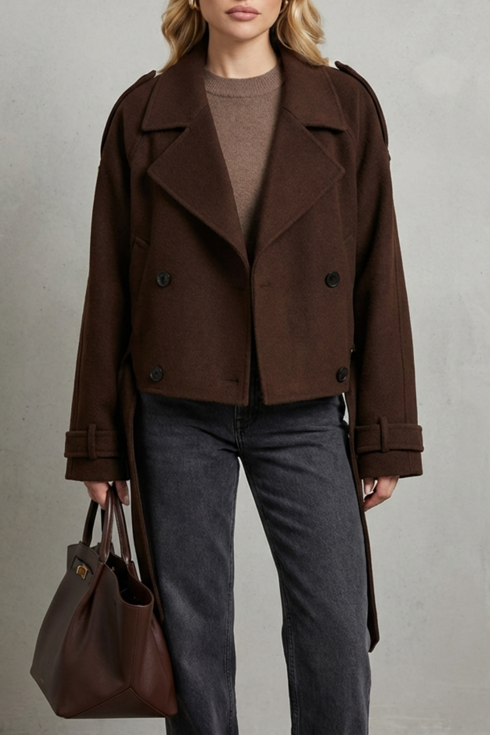 Alvine | Women's Cropped Double-Breasted Winter Coat - Dark Brown - Image 1