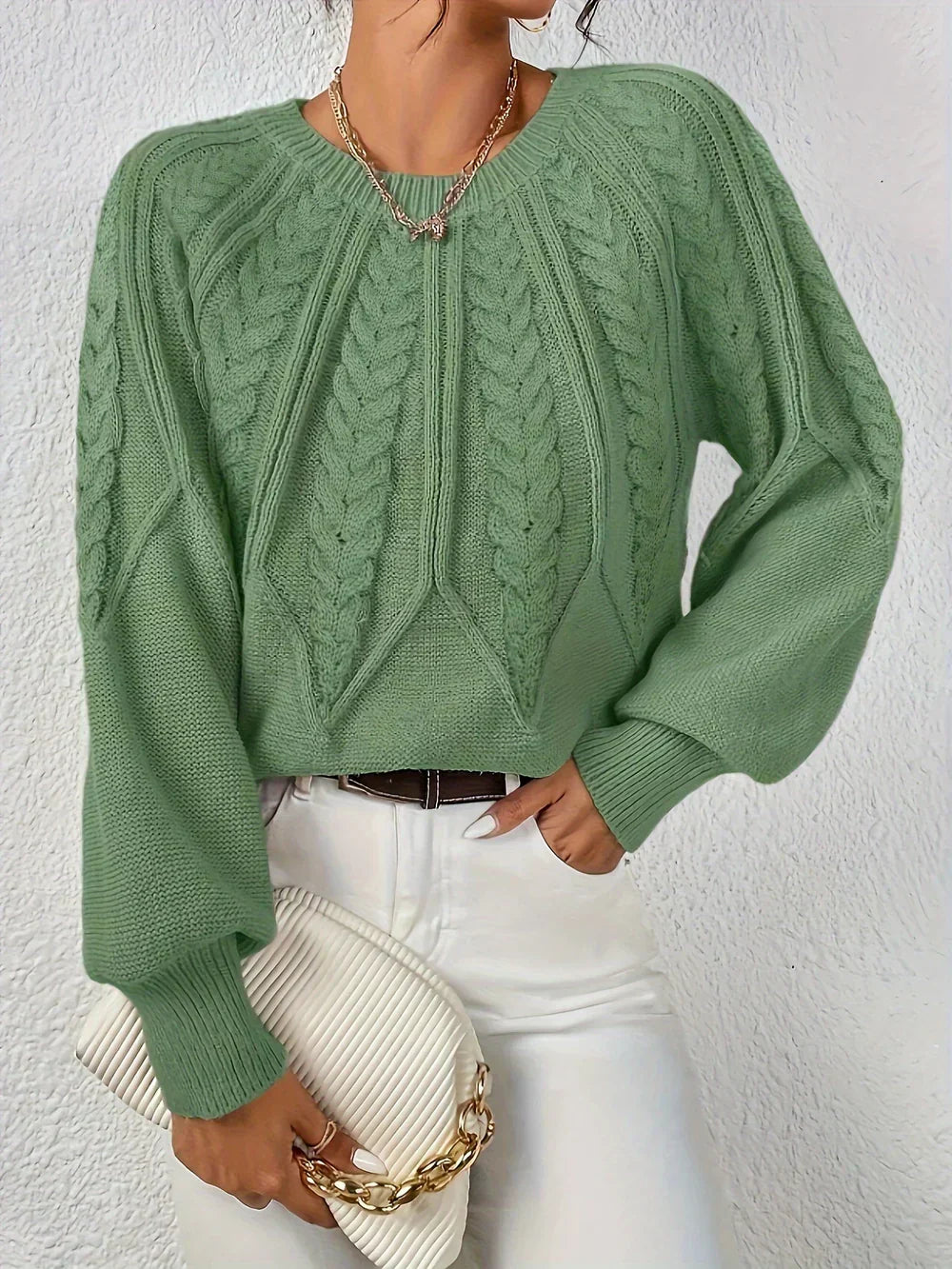 Arvelle | Women's Chunky Cable Knit Jumper - Sage - Image 2