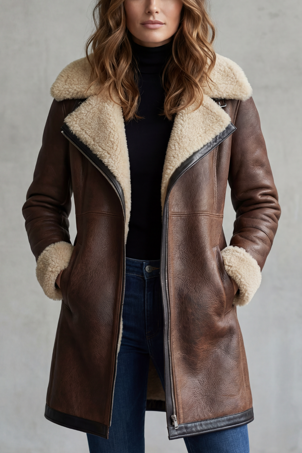 Arvelle | Women's Shearling Collar Winter Coat - Dark Brown - Image 1