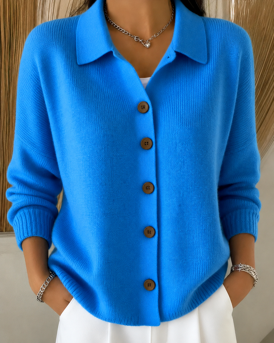 Arvindra | Women's Button-Up Collar Knit Cardigan - Blue - Image 1