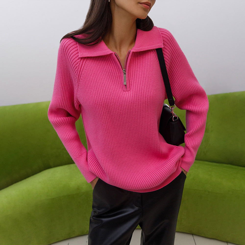 Arvona | Women's Knit Jumper Half-Zip Collar - Hot Pink - Image 1
