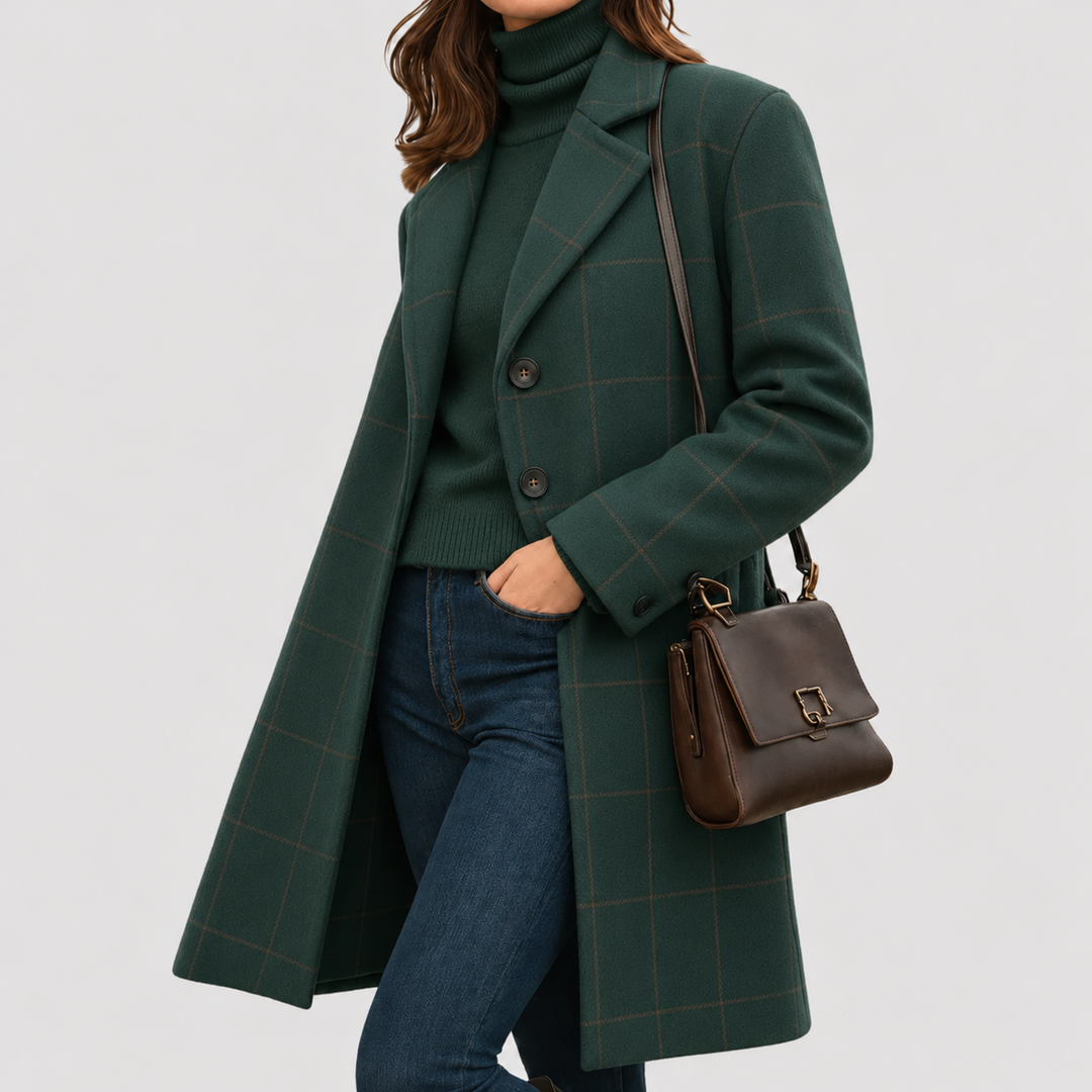 Avonley | Women's Wool Wrap Coat in Forest Check - Dark Green - Image 1