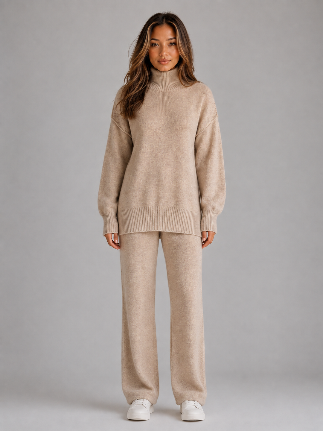 Avrille | Women's Knitted Lounge Co-ord Set Roll Neck - Beige - Image 1