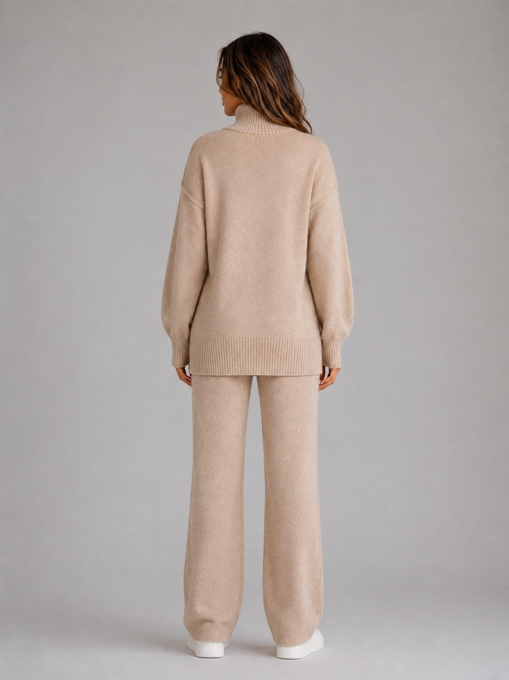 Avrille | Women's Knitted Lounge Co-ord Set Roll Neck - Beige - Image 2