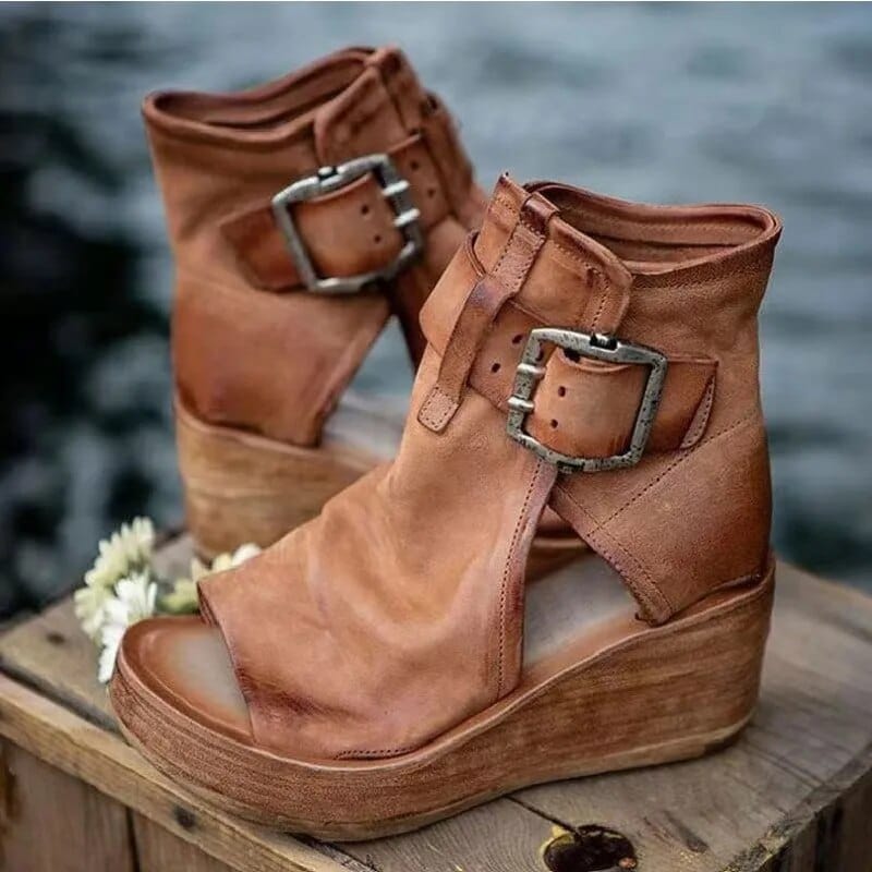 Bellamy | Women's Wedge Ankle Boot Sandal with Buckle - Camel - Image 1