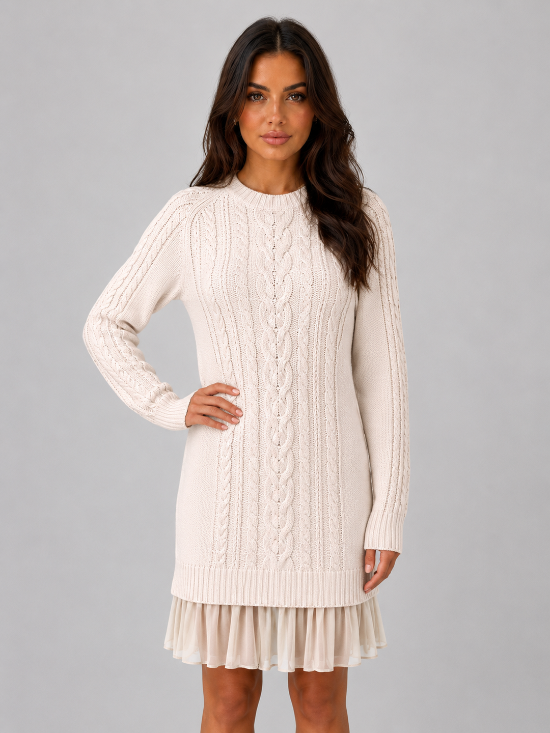 Belvaine | Women's Cable Knit Jumper Mini Dress - Cream - Image 1