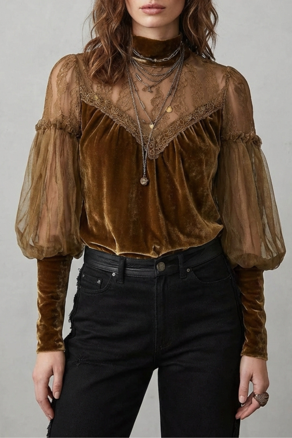 Belvaine | Women's Turtleneck Blouse with Sheer Sleeves - Camel - Image 1