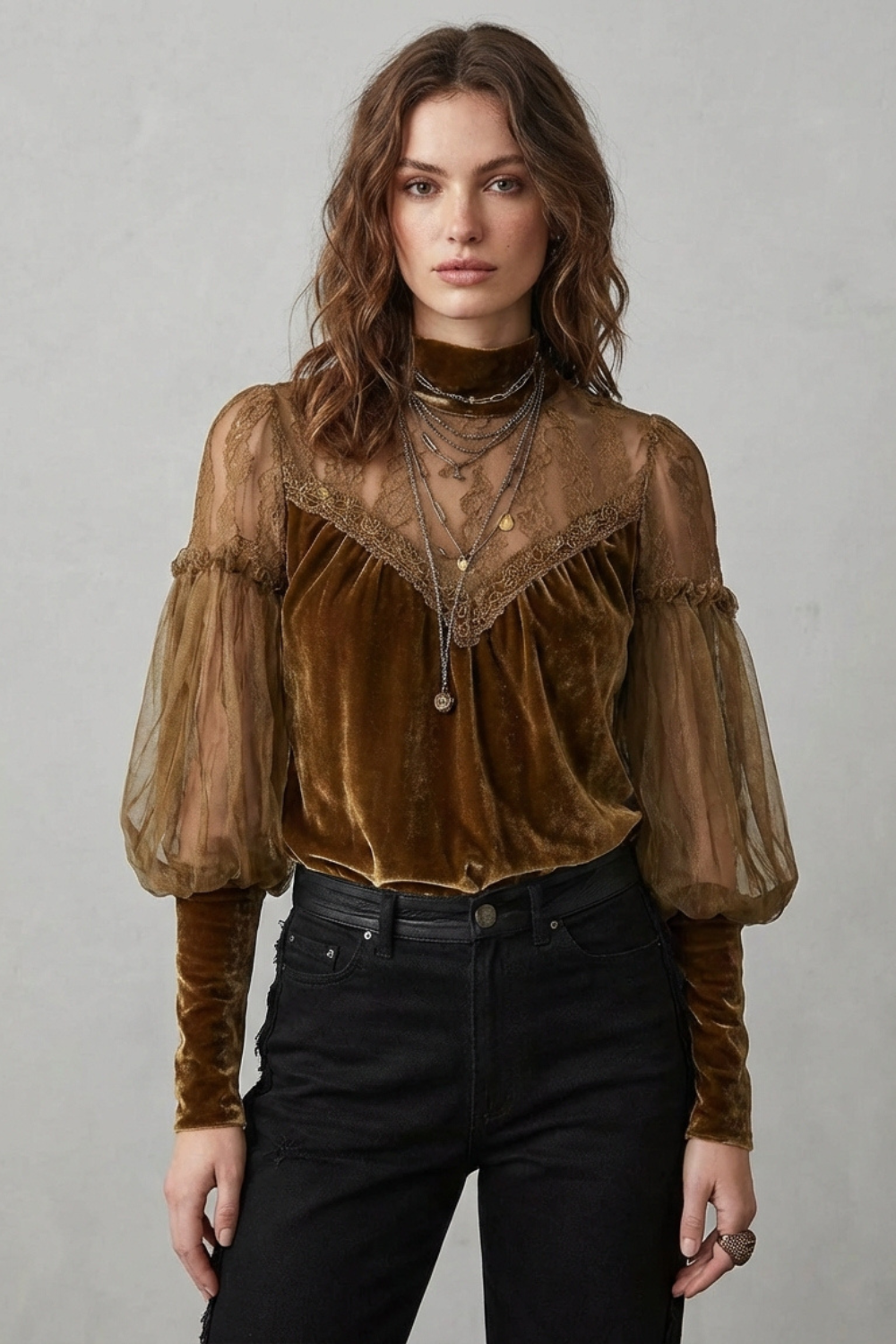 Belvaine | Women's Turtleneck Blouse with Sheer Sleeves - Camel - Image 2