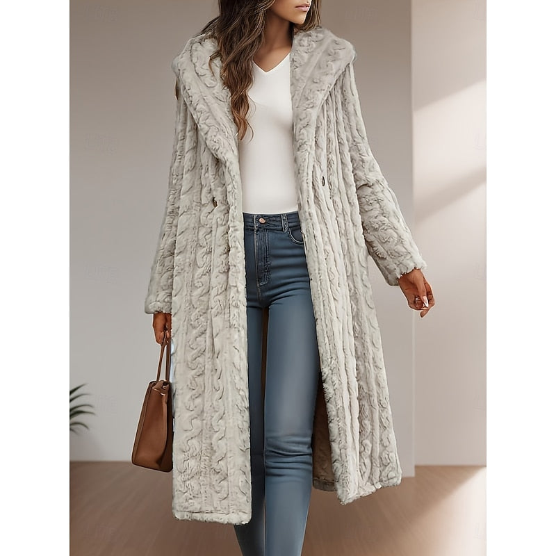Belvara | Women's Long Teddy Faux Fur Winter Coat - Light Grey - Image 1