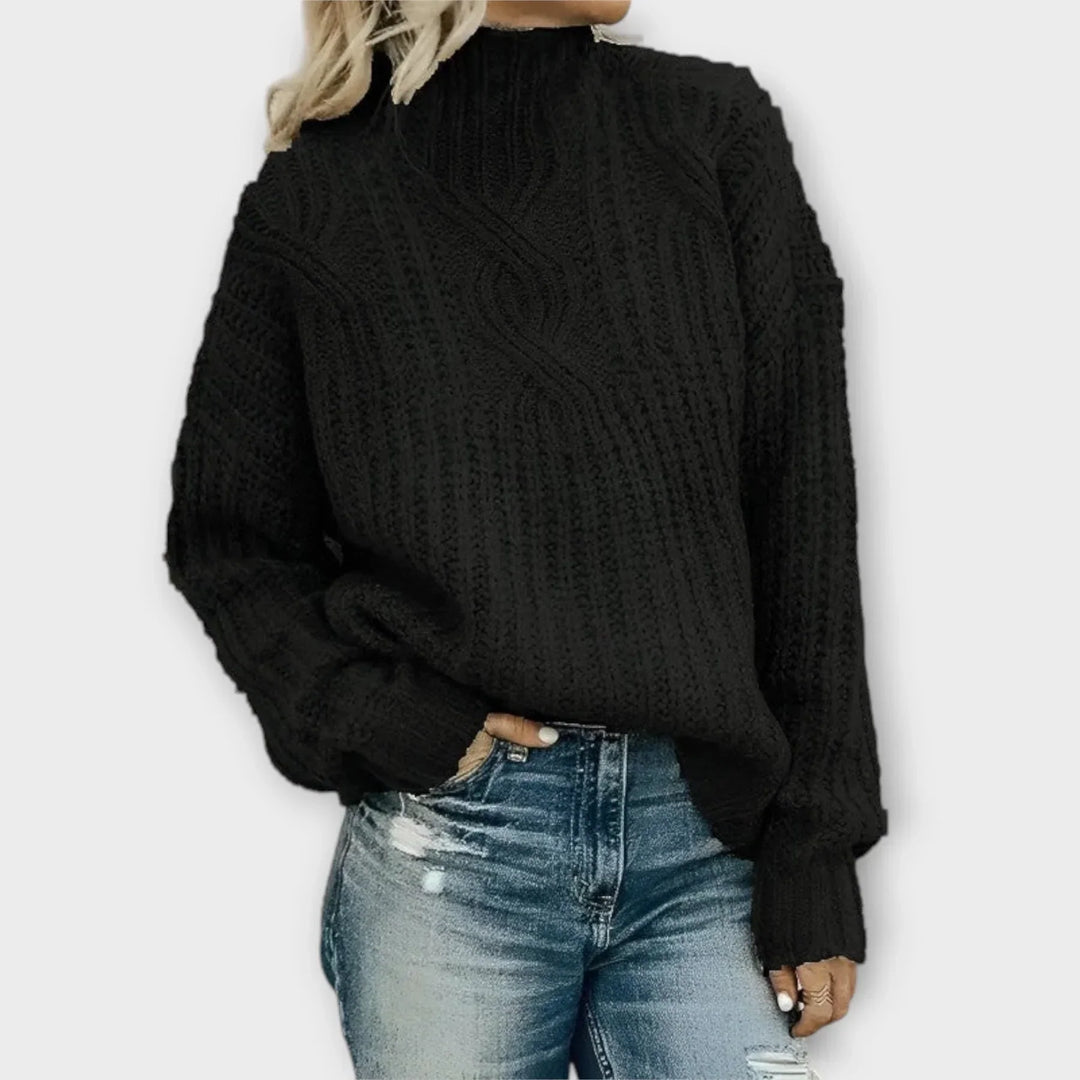 Belvorne | Women's Cable Knit Jumper Mock Neck - Black - Image 1