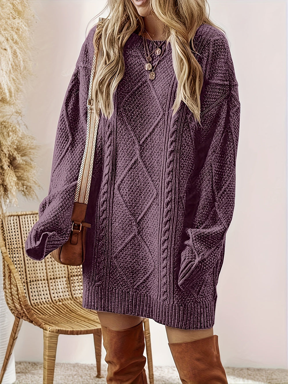 Bevwyn | Women's Chunky Cable Knit Jumper Dress - Purple - Image 2