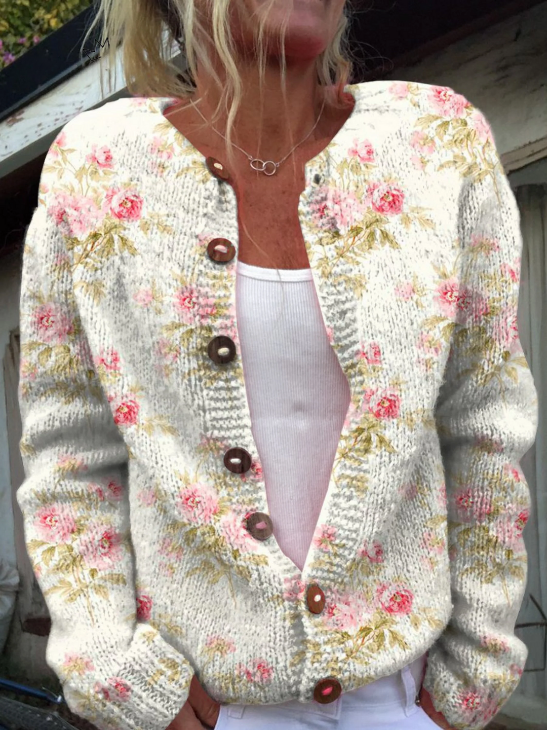 Blythe | Women's Floral Knit Cardigan - Cream - Image 1