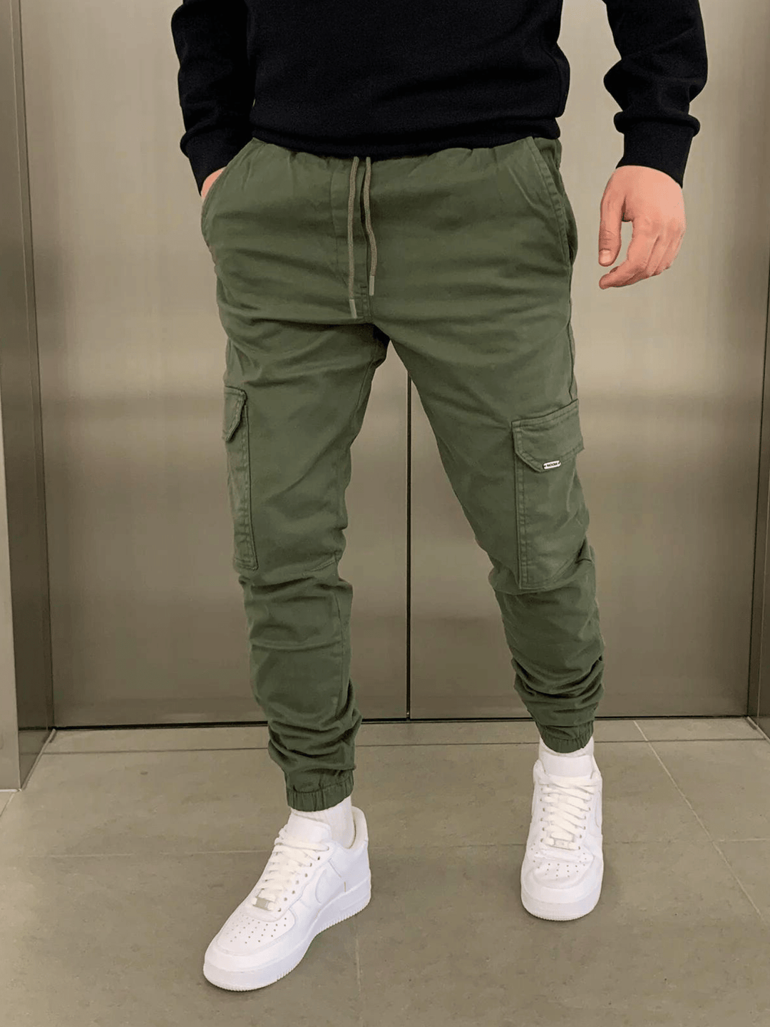 Breckon | Men's Cargo Jogger Trousers Slim Fit - Olive Green - Image 1