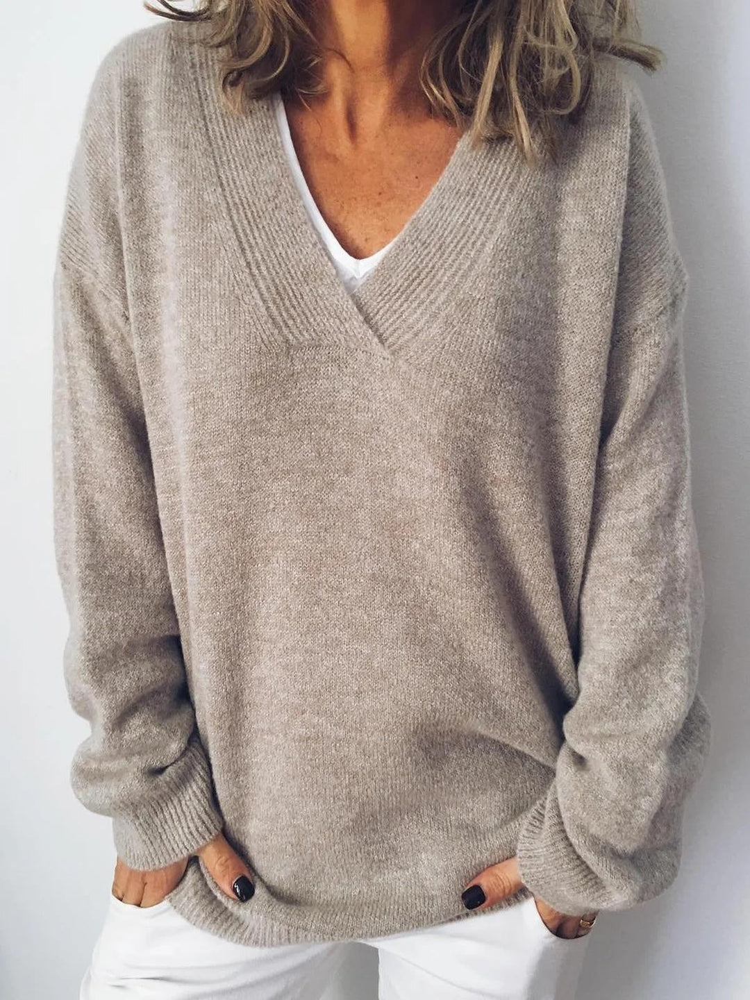 Brenith | Women's V-Neck Knit Jumper - Taupe - Image 1