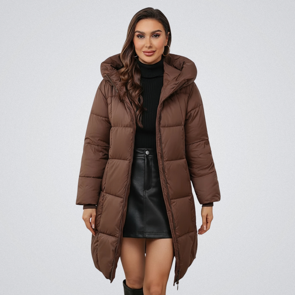 Brenvara | Women's Hooded Long Puffer Coat - Red - Image 2