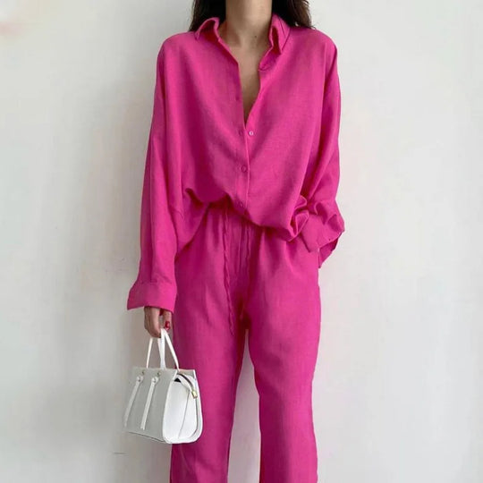 Brenvelle | Women's Linen Co-ord Shirt & Trouser Set - Hot Pink - Image 1