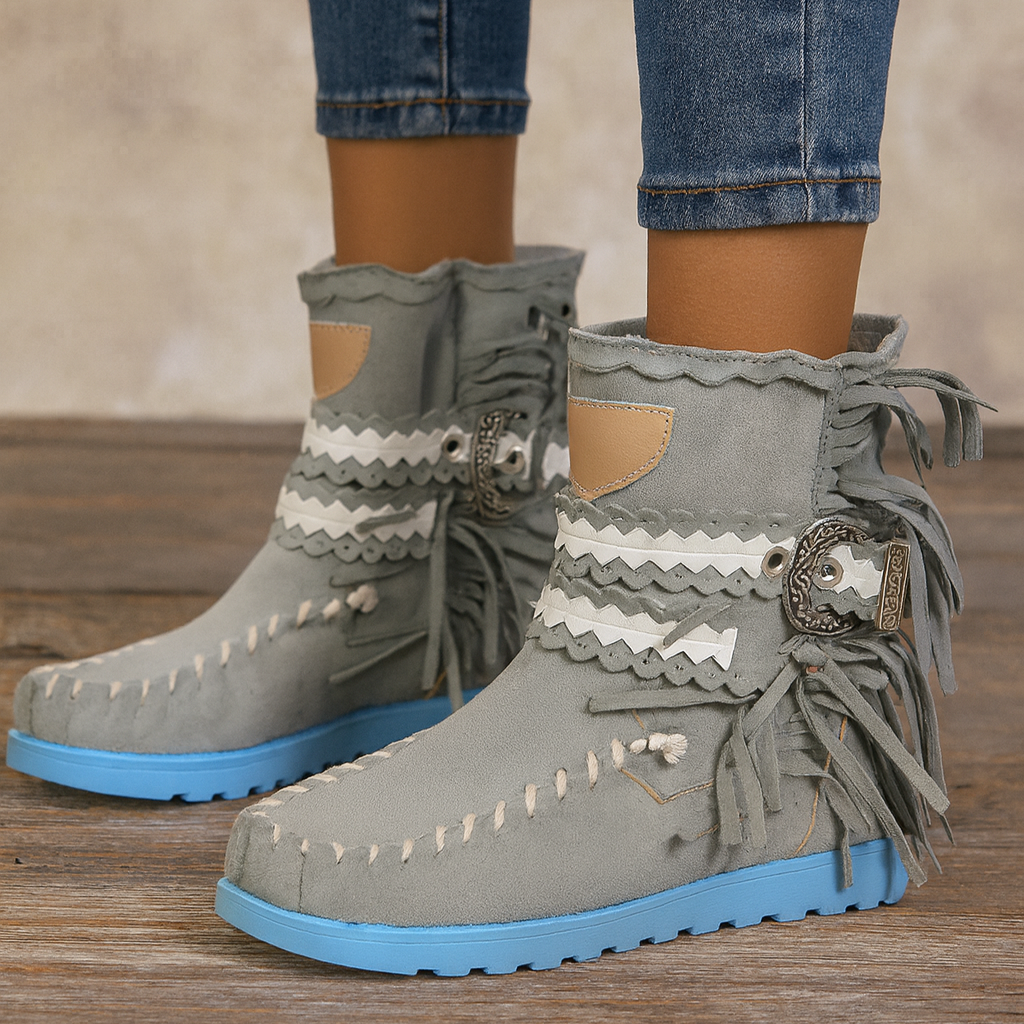 Briallen | Women's Boho Fringe Ankle Boots - Grey - Image 1