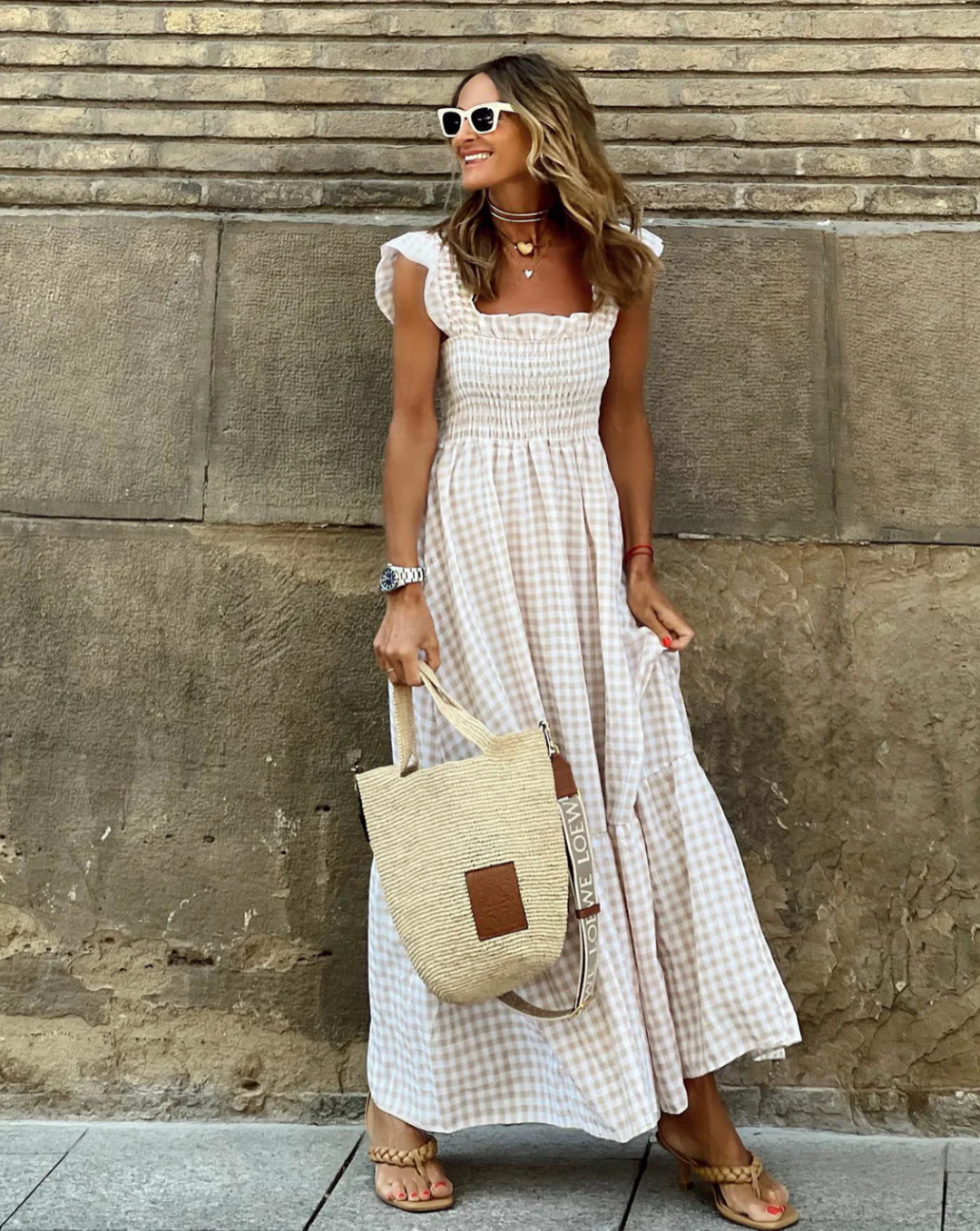 Brielle | Women's Smocked Gingham Maxi Dress - Beige - Image 1