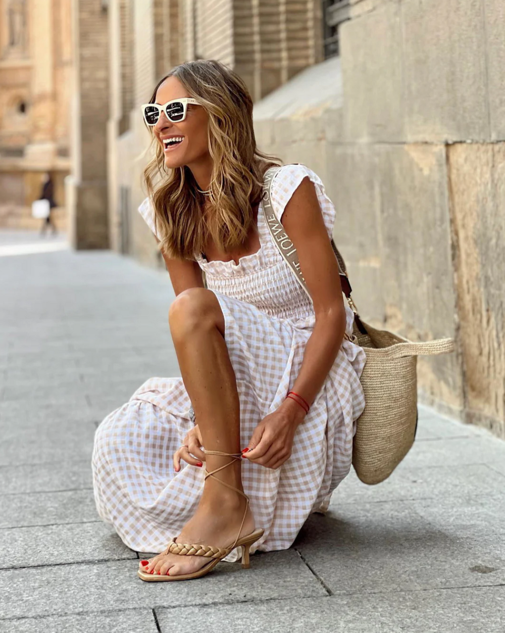 Brielle | Women's Smocked Gingham Maxi Dress - Beige - Image 2