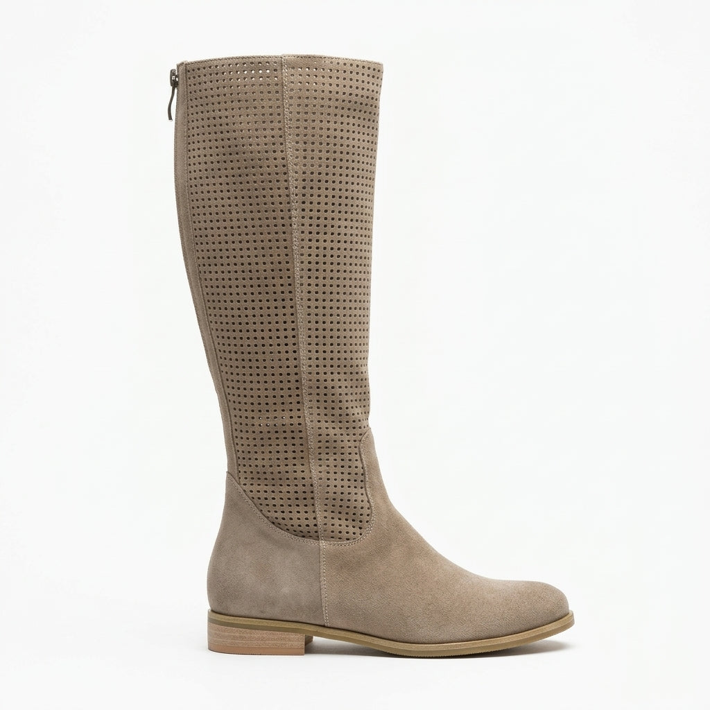Brindara | Women's Knee-High Boots Perforated Suede - Taupe - Image 1