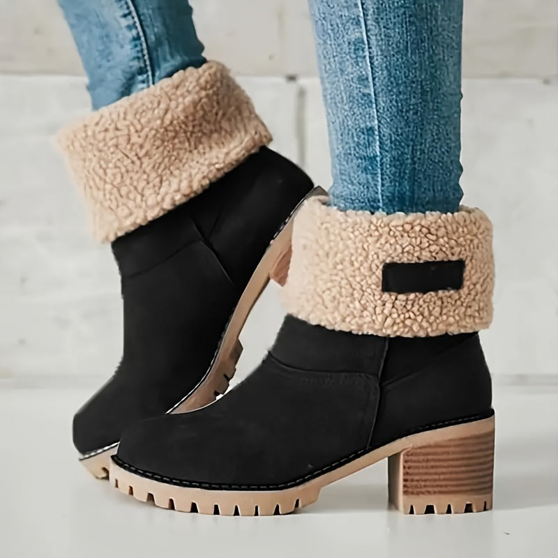 Britta | Women's Fleece Lined Ankle Boot with Block Heel - Black - Image 1