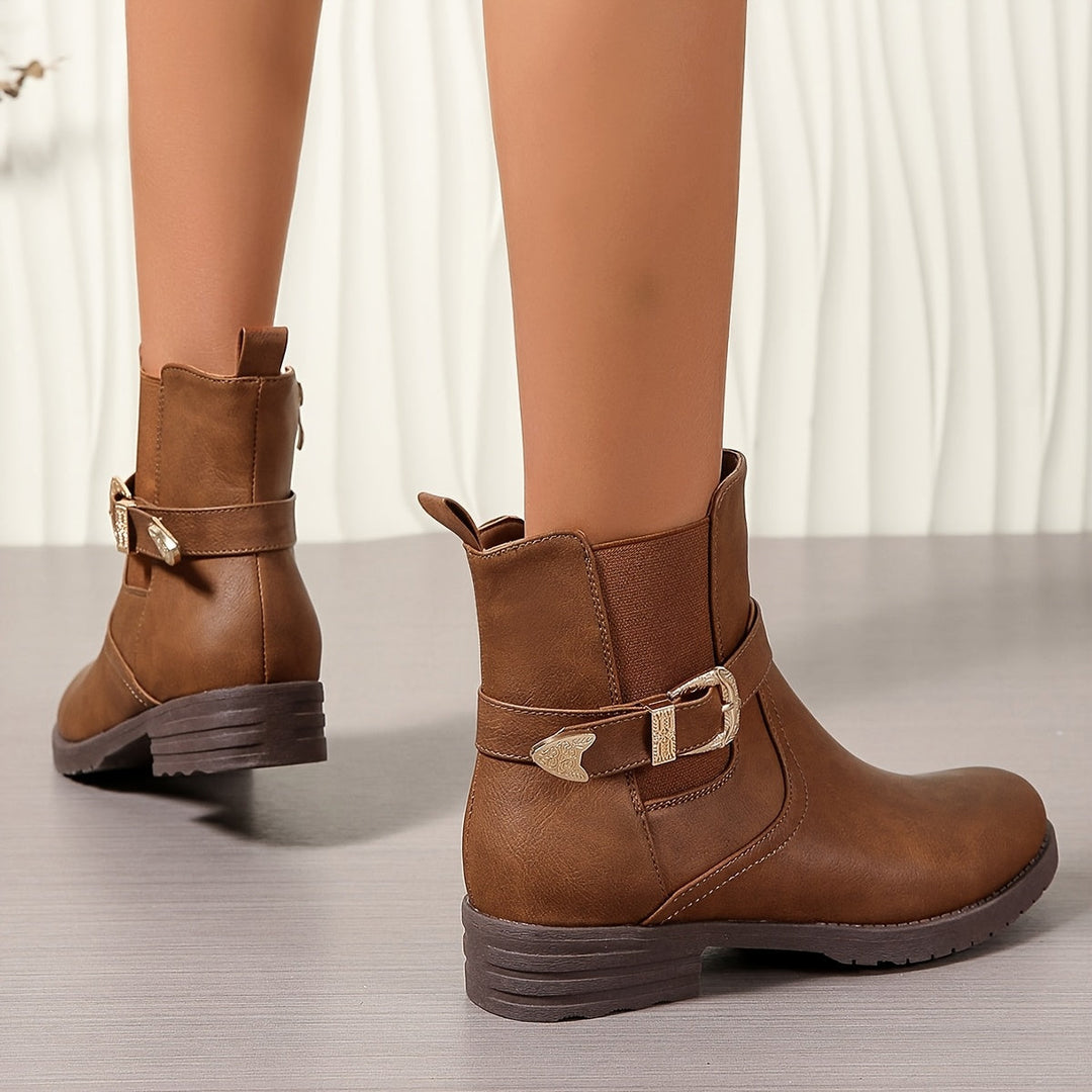 Britta | Women's Western Buckle Ankle Boot - Camel - Image 1