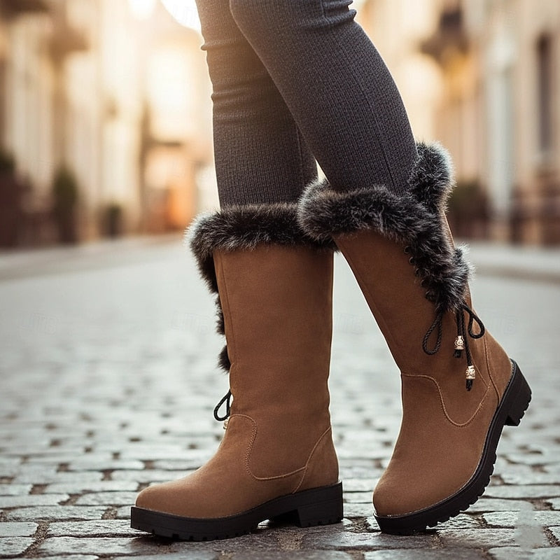Bryndis | Women's Knee-High Winter Boots with Fur Trim - Camel - Image 1