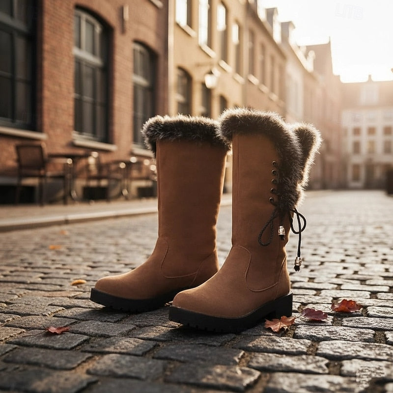 Bryndis | Women's Knee-High Winter Boots with Fur Trim - Camel - Image 2