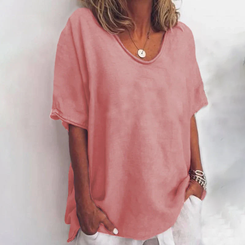 Calandra | Women's Loose V-Neck Short Sleeve Blouse - Image 1