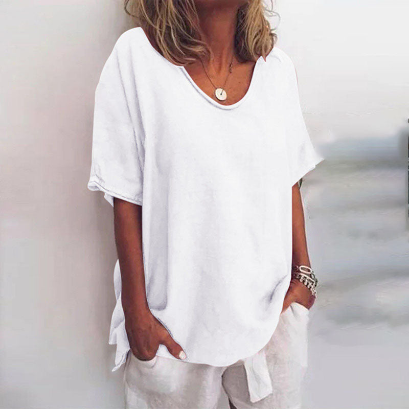 Calandra | Women's Loose V-Neck Short Sleeve Blouse - Image 2