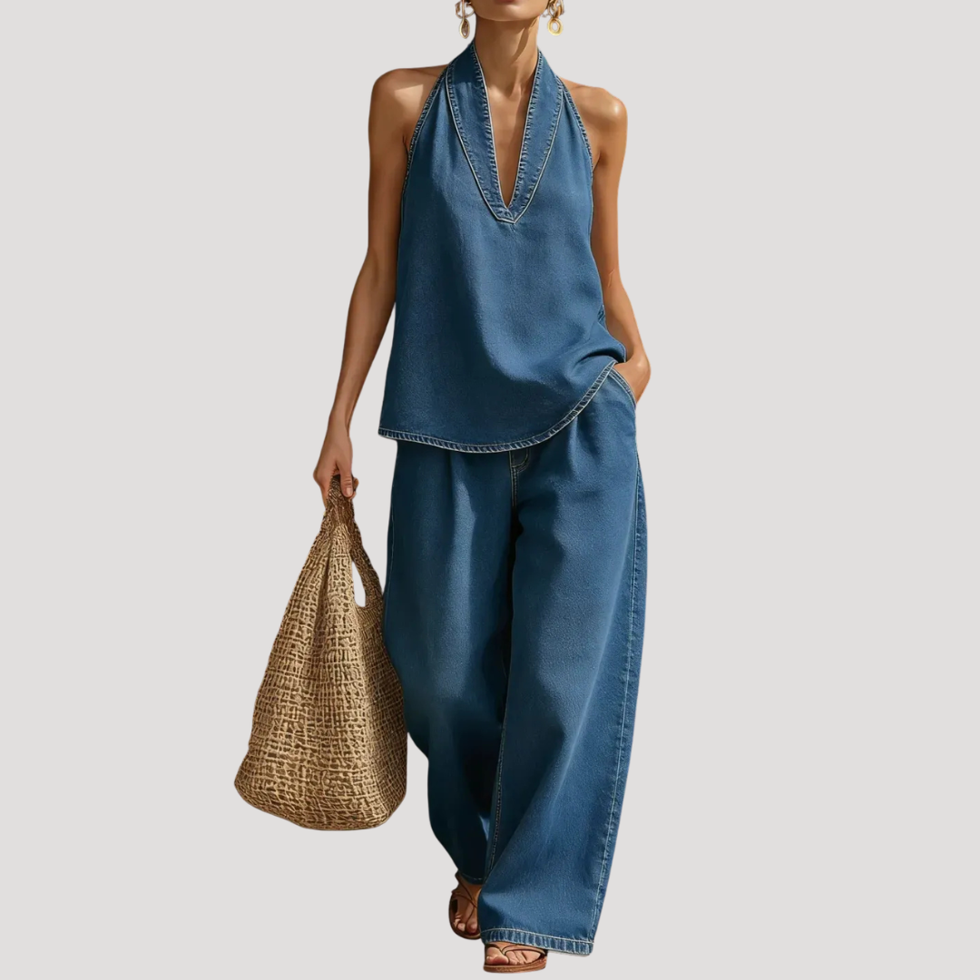 Calista | Women's Halter Neck Wide Leg Two Piece Set - Blue - Image 1